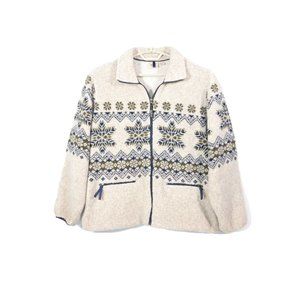 Woolrich Womens Full Zip Fleece Jacket Tan Snowflake Pattern Nordic Pocket